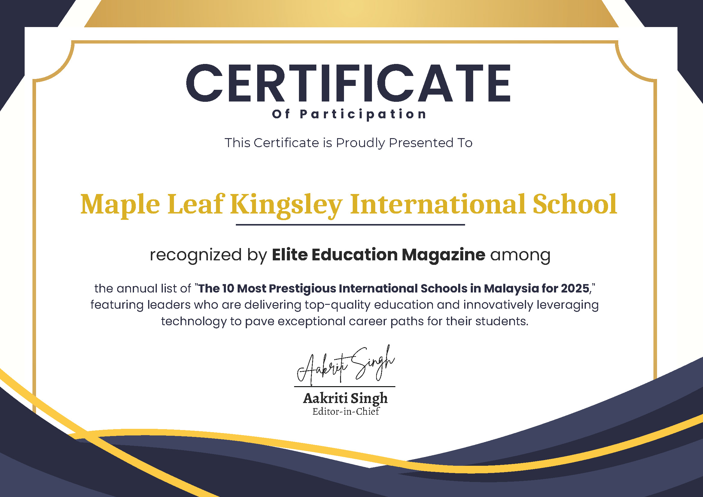 Maple Leaf Kingsley International School Honoured for Excellence in Education and Student Achievement