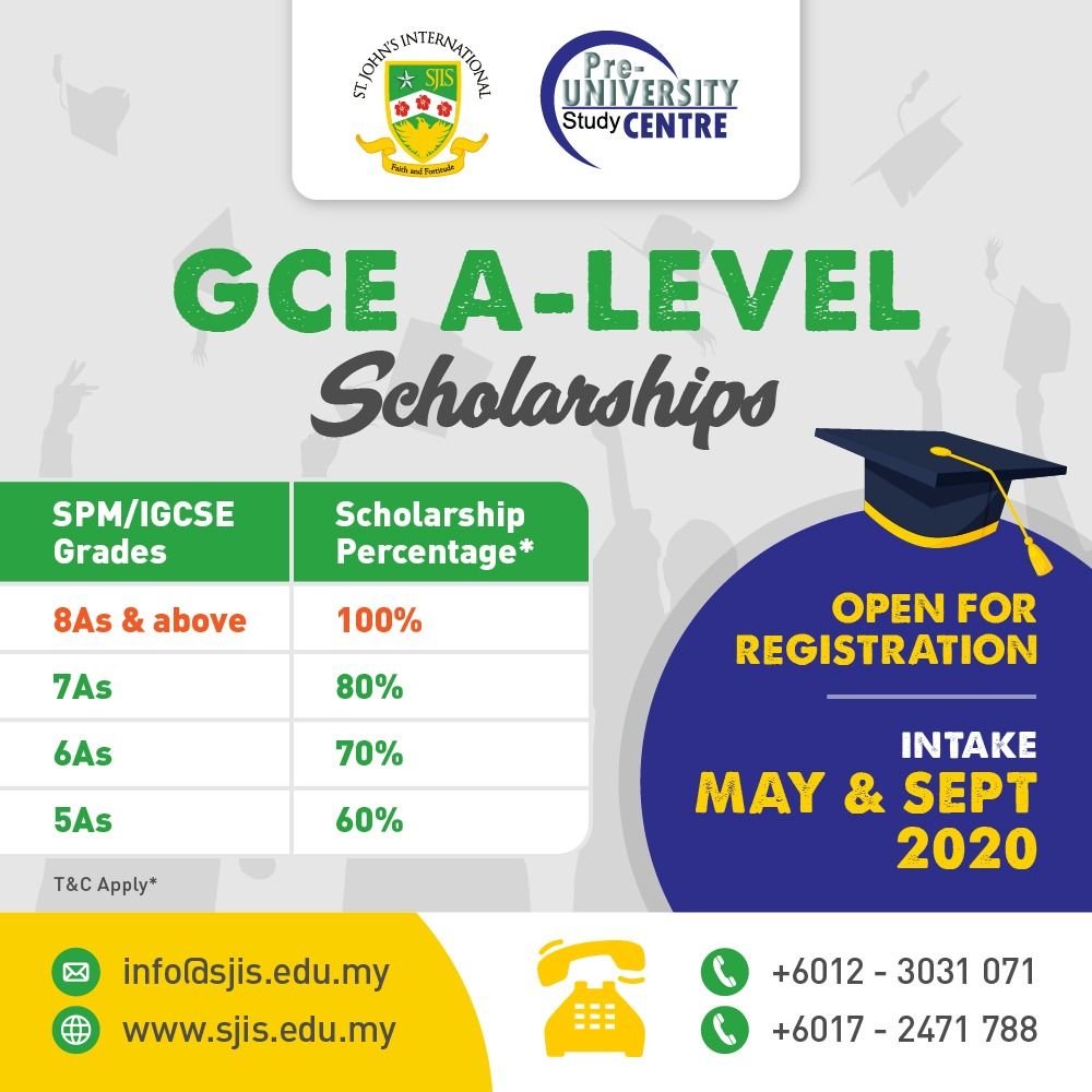 St John's International School (SJIS) Pre-University Study Centre GCE A Level Scholarships May and Sept intake 2020 and International School in Kuala Lumpur, Malaysia